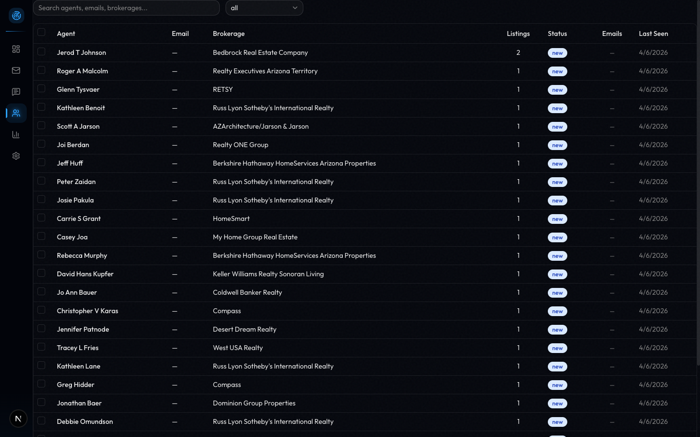 Lead management table listing agents with brokerage, listings count, and status