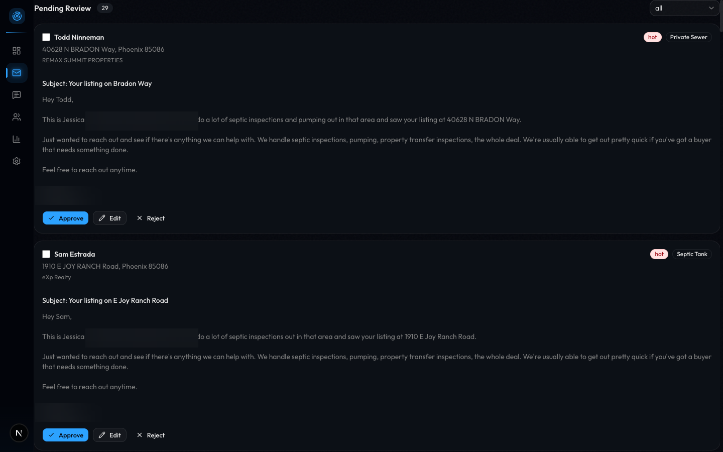 Email review queue showing two AI-drafted outreach emails awaiting approval