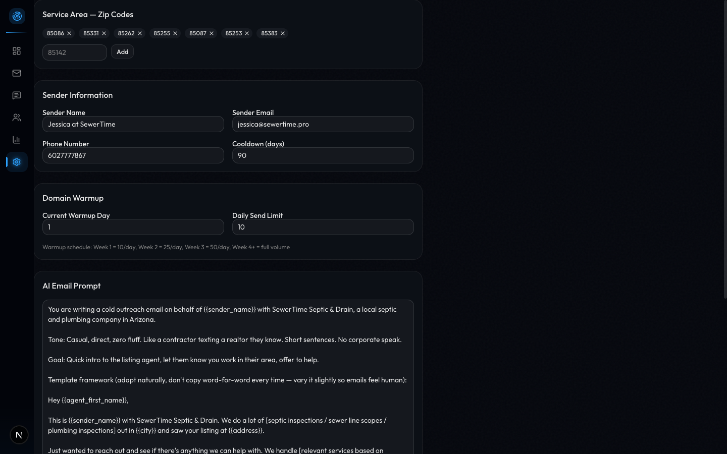 Settings page showing zip code service area, sender info, daily send limit, and AI email prompt